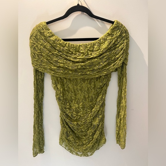 ZARA Off-Shoulder Pistachio Lace Top — Semi Sheer, Ruched, (Sz M, Fits S) - Picture 7 of 10